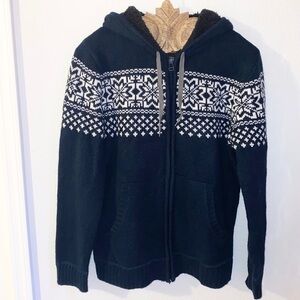 UNIONBAY Navy Knit Fair Isle Full Zip Fleece Lined Hoodie